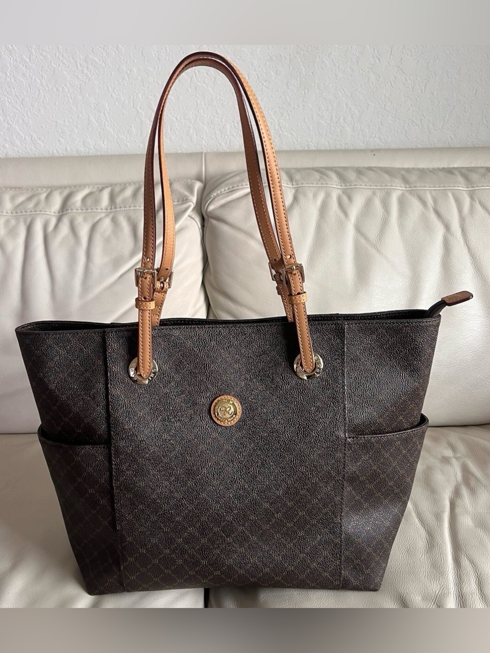 Rioni Moda Italia Canvas Tote Shoulder Bag Brown Monogram Print Handbag J9836Y